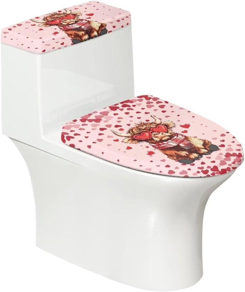CREAMIC Loving Highland Cattle Toilet Lid Covers and Tank Cover Set Soft Plush Toilet Seat Cover Protector Stretch Washable Lid Dust Covers for Bathroom Decoration Accessories for Valentine's Day - Image 1